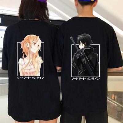 Аниме Футболка Sword Art Online Кирито и Асуна Парная футболка Повседневная Свободная Мужская Женская Хлопок Уличная одежда