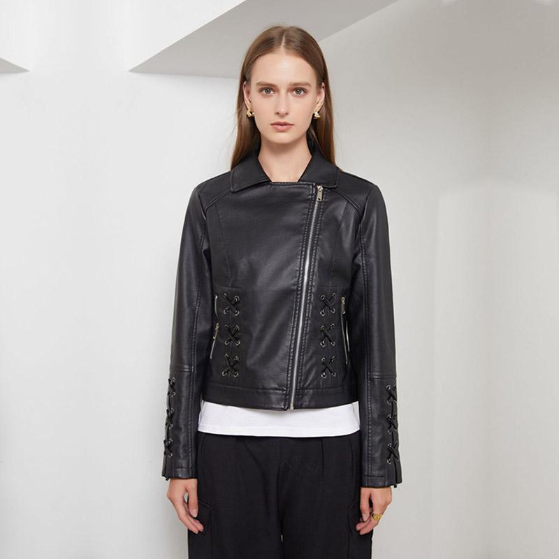 Women Turn Down Collar Long Sleeve Woven Lace Up Solid Color Leather Pu Jacket S-4XL