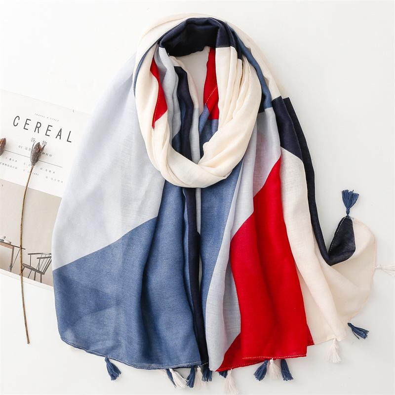 And Cotton Bali Feel Linen Yarn Thin Design Red And Blue Contrasting Colors Geometric Fashion Fresh Travel Sun Protection Shawl For Women