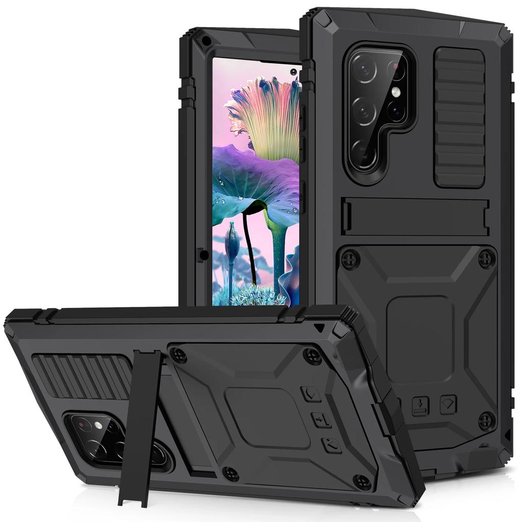 Rugged Armor Heavy Metal Case for Samsung S24 S23 S22 S21 Plus S20 Note 20 Ultra Aluminum Shockproof Cover Tempered Glass Stand