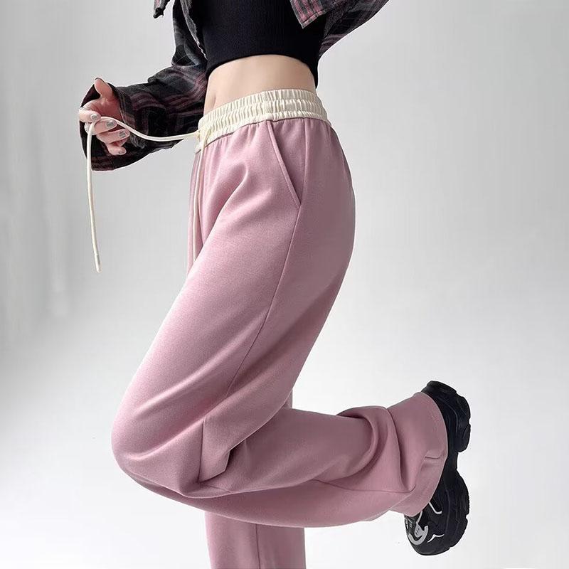 Спортивная женская одежда, весна-лето 2024, новые черные прямые свободные повседневные спортивные штаны с высокой талией, широкие брюки на шнурке