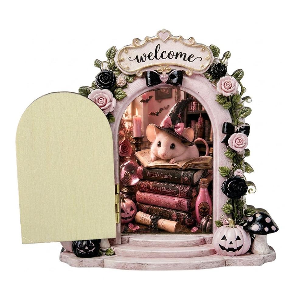 Openable Mini Wooden Ghost Door Figurine Rose Bow Welcome Ghost Door Craft Decor Home Decor