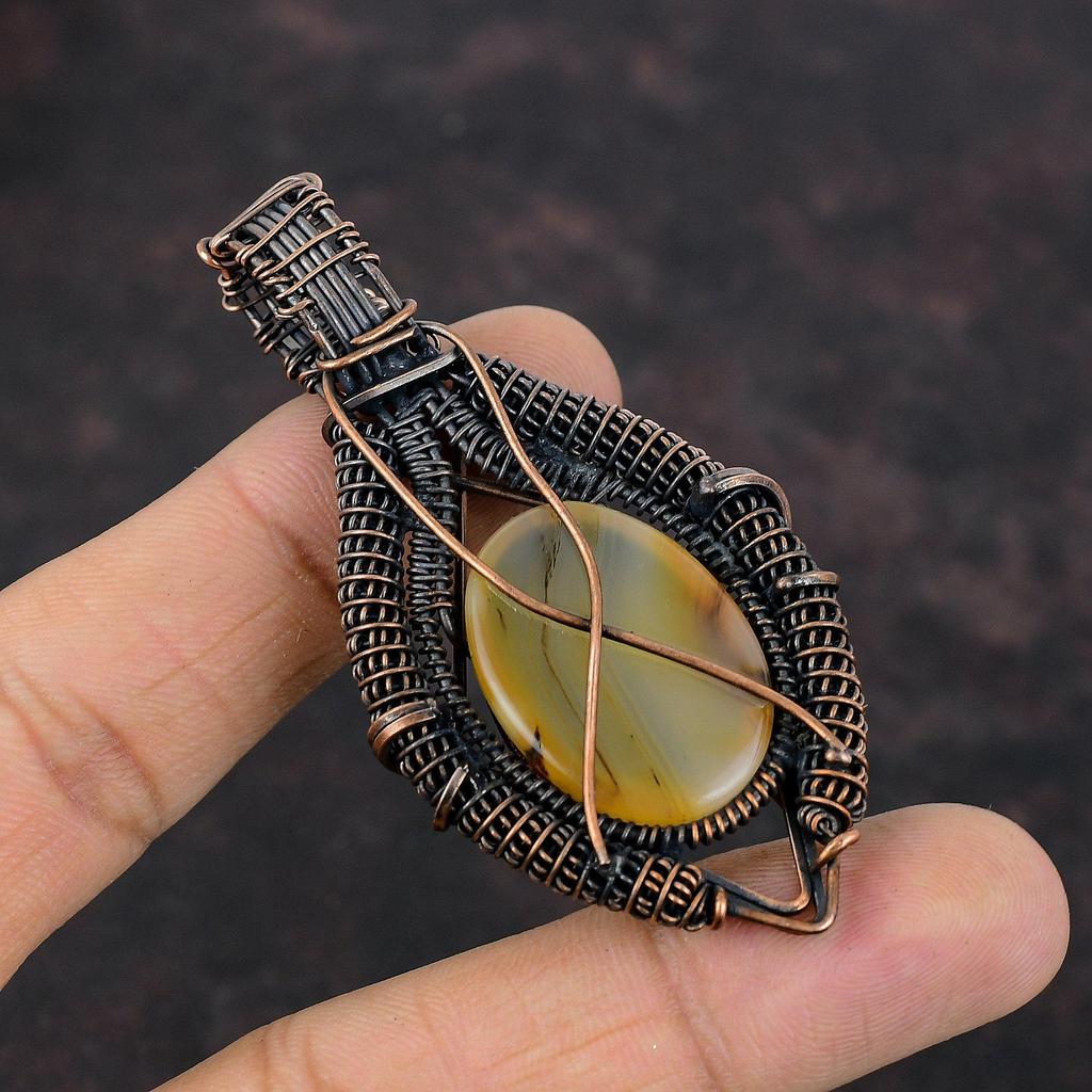 Кулон с агатом Монтана, кулон в медной проволоке, кулон ручной работы с драгоценным камнем, кулон с радужным лунным камнем, подарок для матери, медные украшения Монтаны