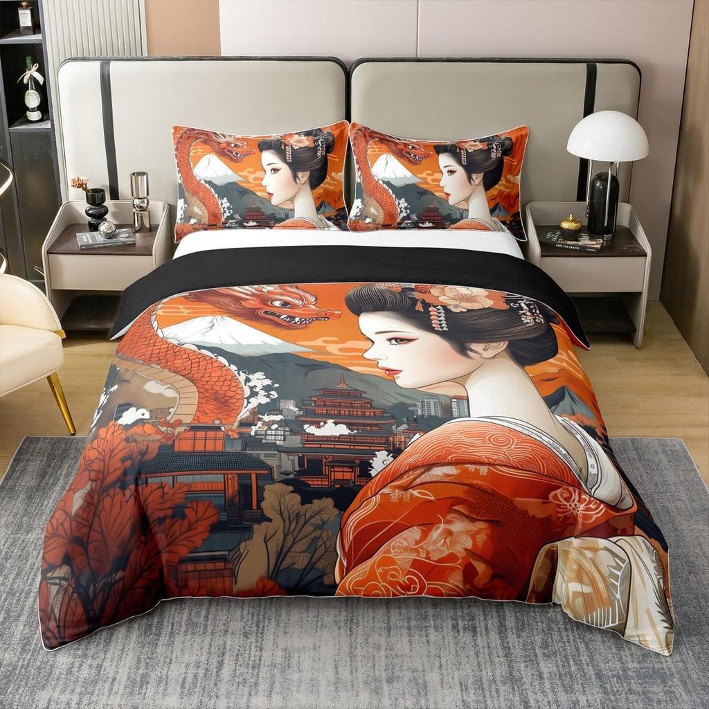 Japanese Ukiyoe Theme Duvet Cover Queen King Size Printed Bedding Set Kids Bedroom Decor Japanese Style 3 Pcs With 2 Pillowcases