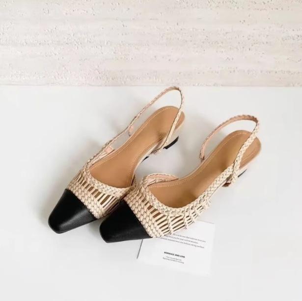 Sheepskin version~ French retro style square head color matching hollow woven sandals women's summer new rear strap bag head shoes