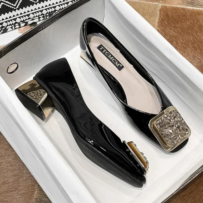 Туфли-лодочки Maogu из кожи с квадратным носком и неглубоким носком, женские, черные, на высоком каблуке, элегантные, женские, средний каблук, тренд 2024 года, весна-лето