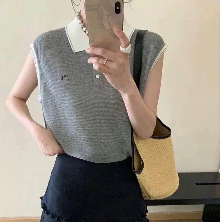 Новая летняя вязаная футболка с коротким рукавом, воротником поло и контрастным цветом в школьном стиле