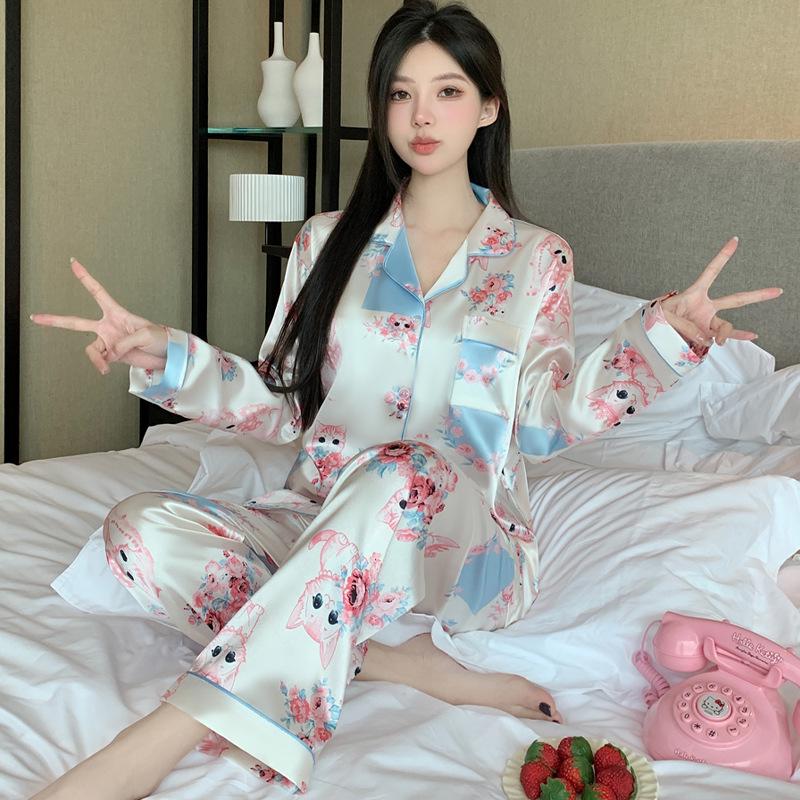 "Korean Ins-Style Imitation Silk Pajamas: Women's Long-Sleeve Cute Bear Dot Set"