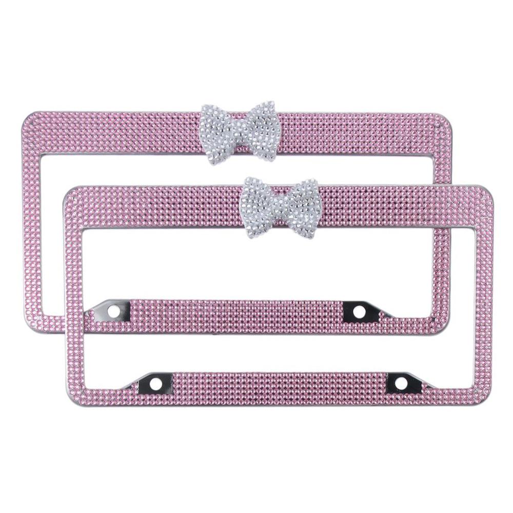 2 Pack Pink,White Bling License Plate Frame License Bracket Holder  for US Vehicle