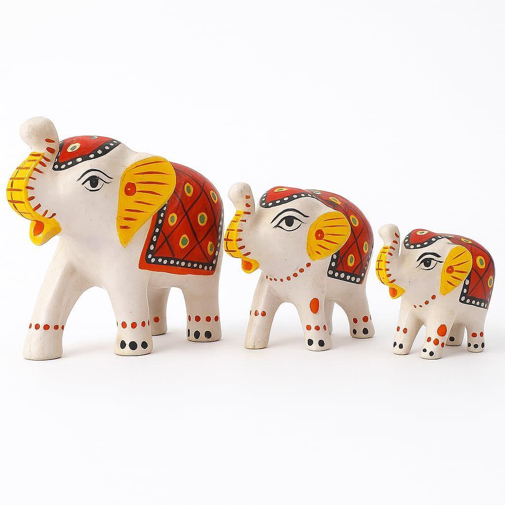 Paper Mache Handcrafted Set of 3 Elephant Action Showpiece Idols for Home Decor and Gift Purpose(White)