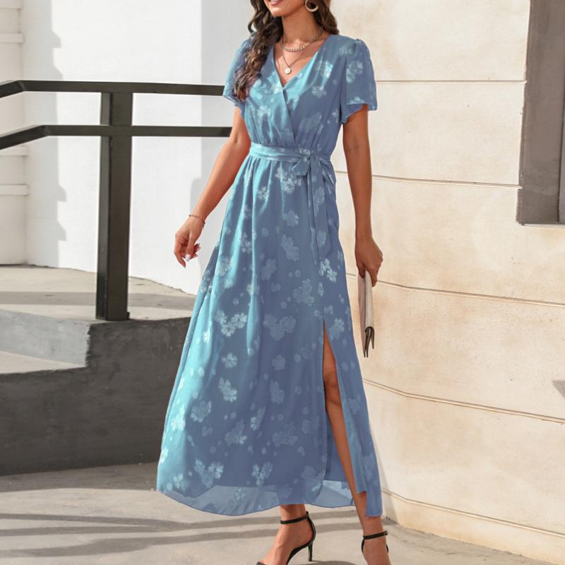 GMXIA Весна/лето Женское платье с V-образным вырезом и высокой талией, с завязками, с жаккардовым разрезом, длинные платья с короткими рукавами