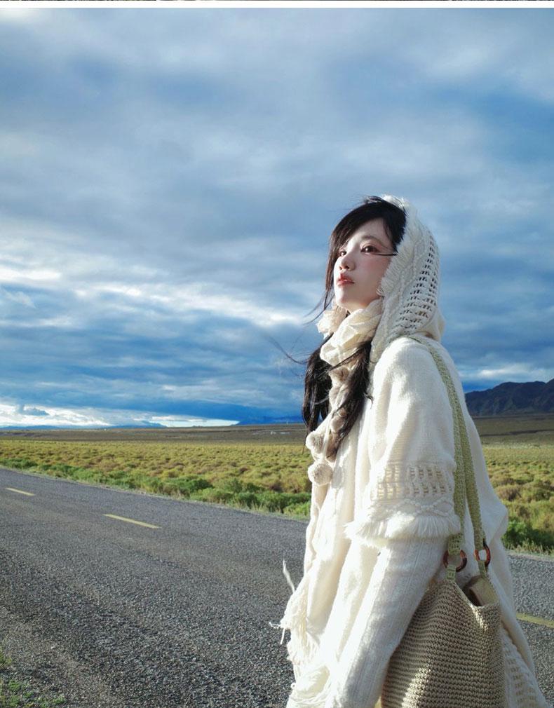 Белый Бохо-Кейп-Шаль-Свитер с Кистями Mori для Женщин