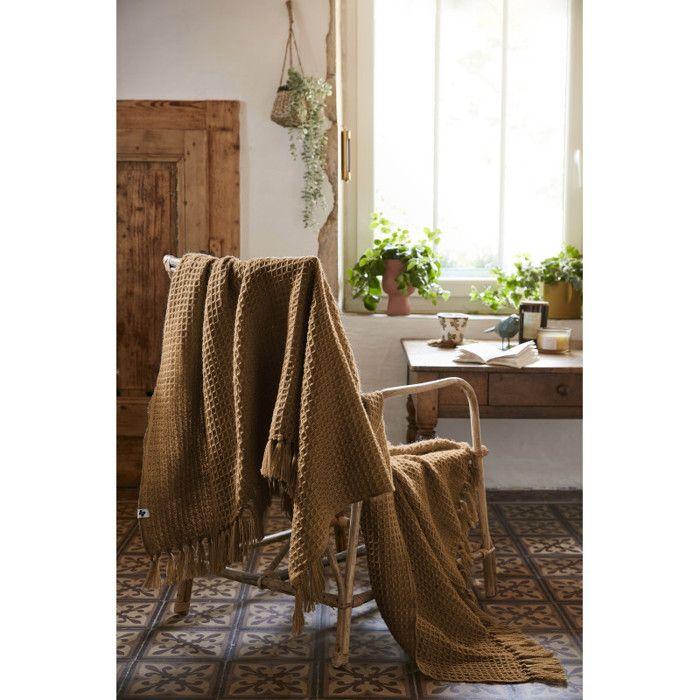 Honeycomb Fringed Blanket "Gabin" All Sizes - Gabin Camel - 130 X 160 Cm