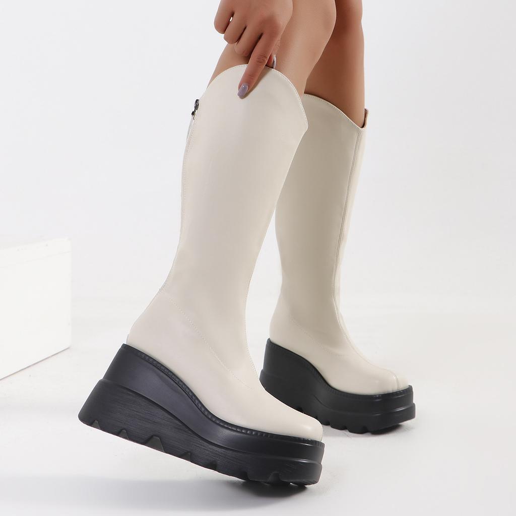 New V-port High Tube Wedge Heel Boots Women's High Boots Thick Sole 8cm~ 10cm Knight Boots