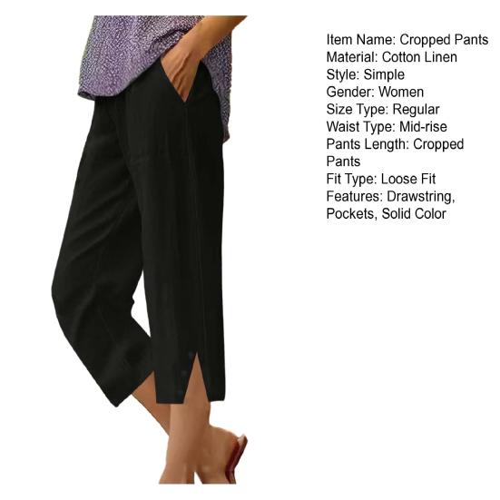 Women Cropped Pants Elastic Waist Wide Leg Beach Pants with Pockets Solid Color Casual Loose Fit Pants