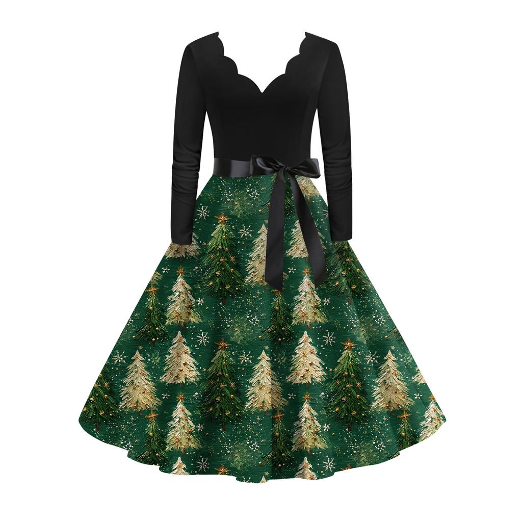 Women's Fashion Round Casual Slim Fit Christmas Print Large Swing Long Sleeve Dress