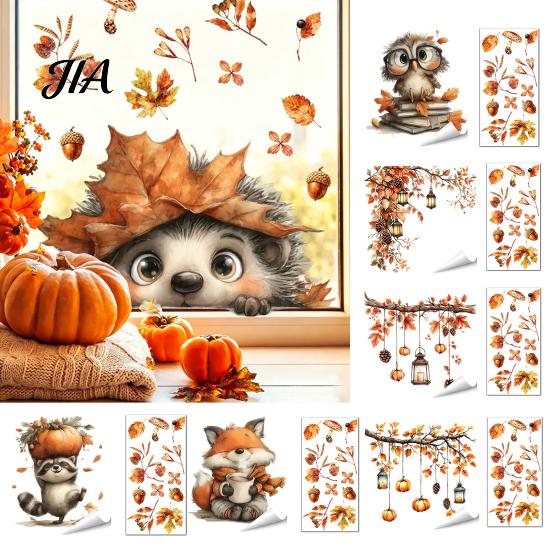 Party Decoration Stickers for Glass Autumn Static Window Sticker with Cute Animals & Maple Leaves, Removable Harvest Decorations Festival Clings,