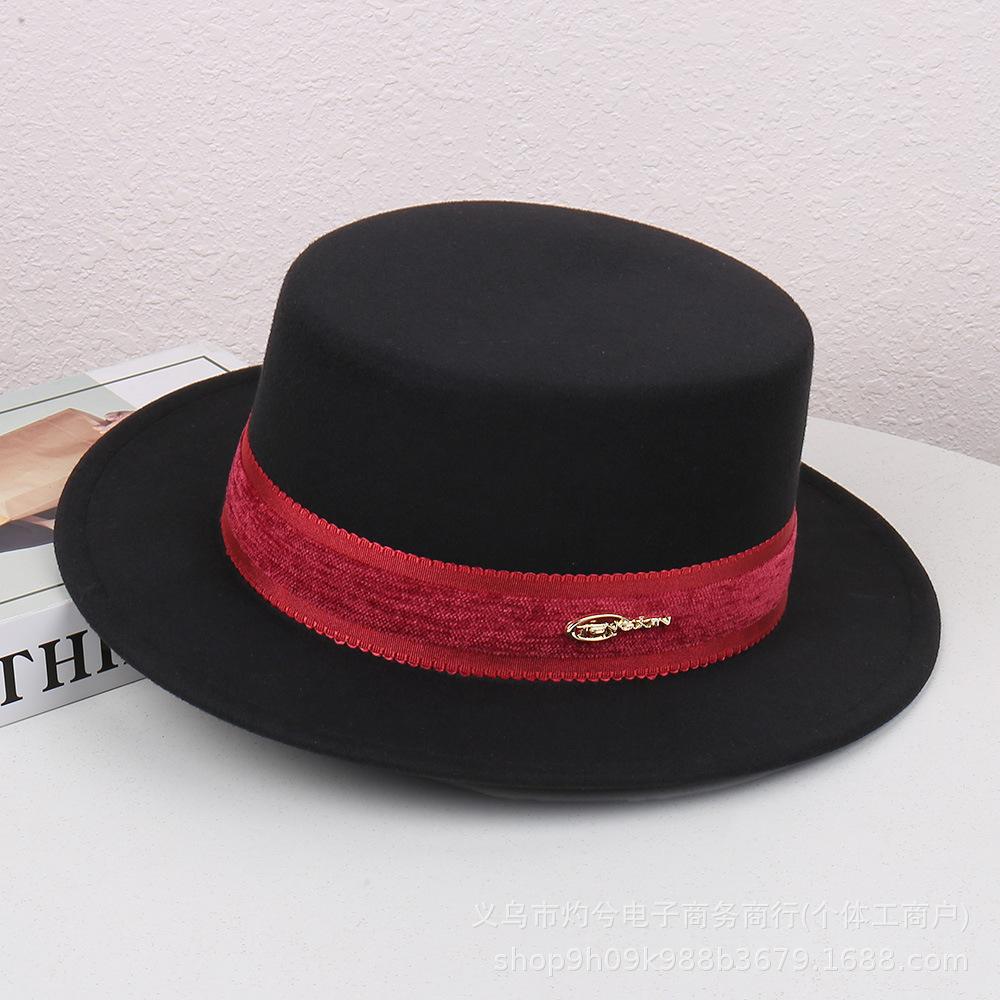French fashion new autumn and winter versatile elegant retro flat top hat women's fashion woolen temperament personalized jazz hat
