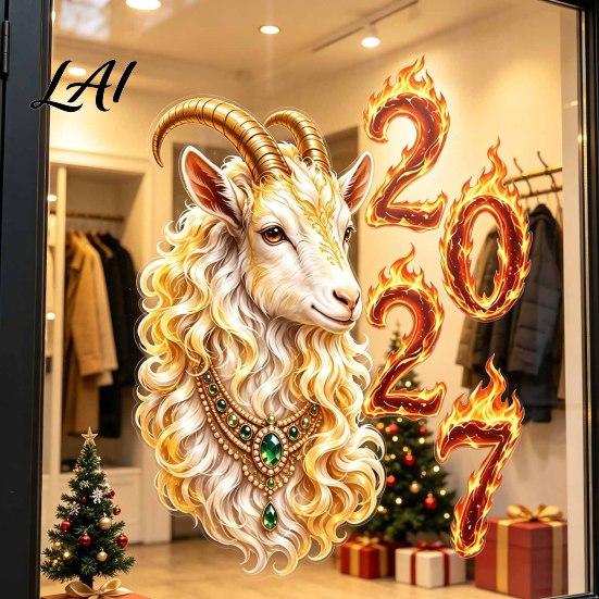 Professional Holiday Window Sticker 2027 Year of Goat Cling Golden‑White Zodiac Static Glass Cling Sticker Lunar New Spring Festival Decor