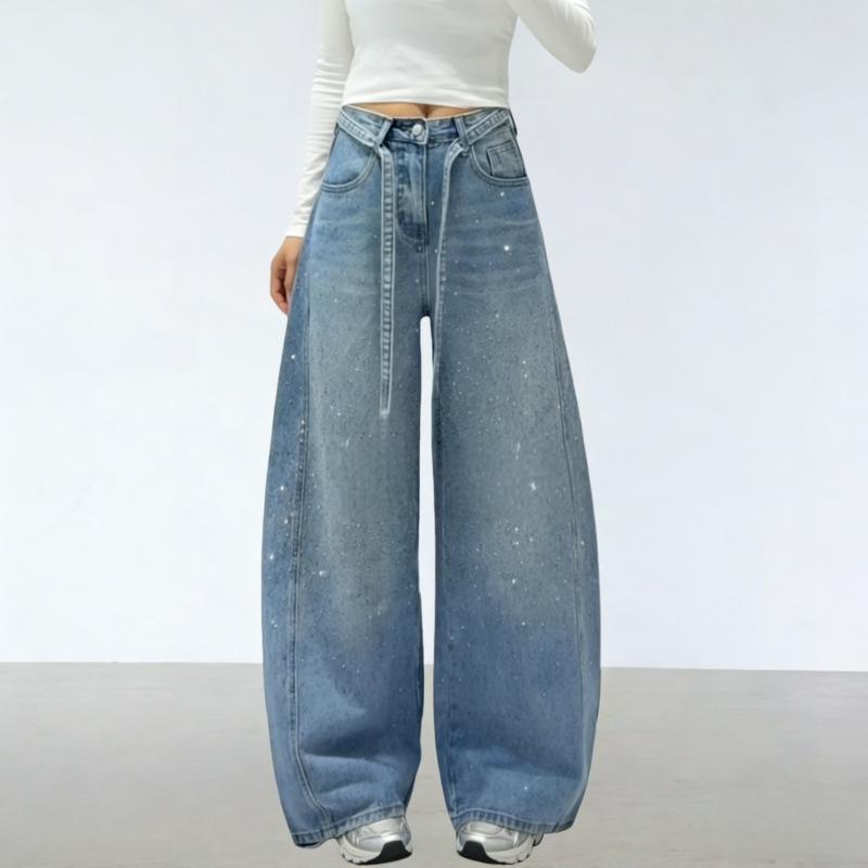 Khaki galaxy flash diamond scimitar jeans women's summer new design high waist wide leg sickle floor pants