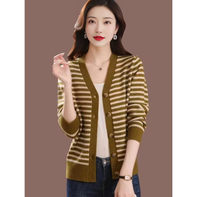 Мамин кардиган Весна Осень и Зима Полосатый воротник Куртка Новый женский вязаный топ