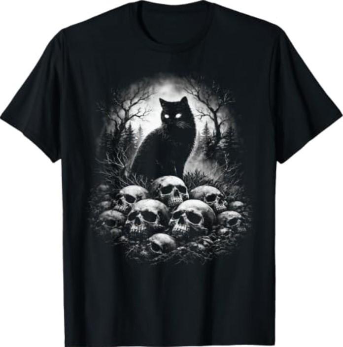 Goth Cat Skulls Dark Horror Art Gothic T-Shirt
