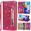 Exquisite Shinning Sequin Zipper Wallet Case for iPhone Samsung Xiaomi Huawei Google Cute Love Heart Photo Frame Flip Covers with Hand-strap