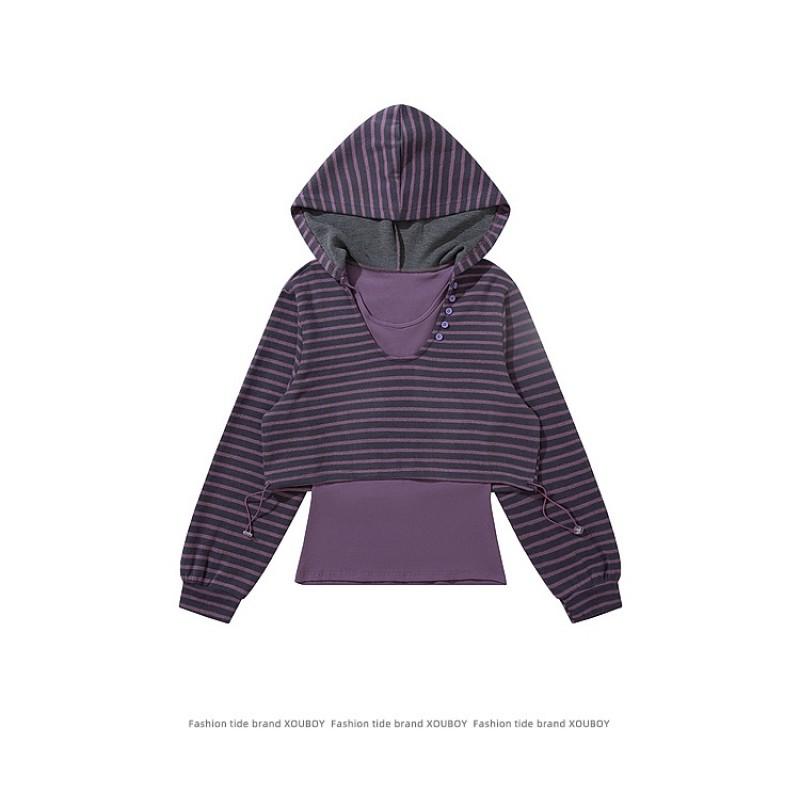 Hooded Striped T-Shirt Black Purple Loose Fit Long Sleeve Fall Winter Streetwear