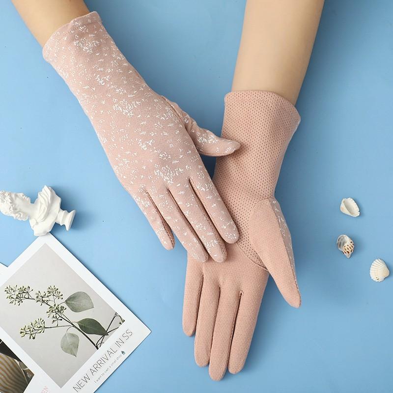 Women's Sunscreen Gloves Medium and Long Thin Summer UV Protection Gloves Pink Small Floral Riding Touch Screen Gloves
