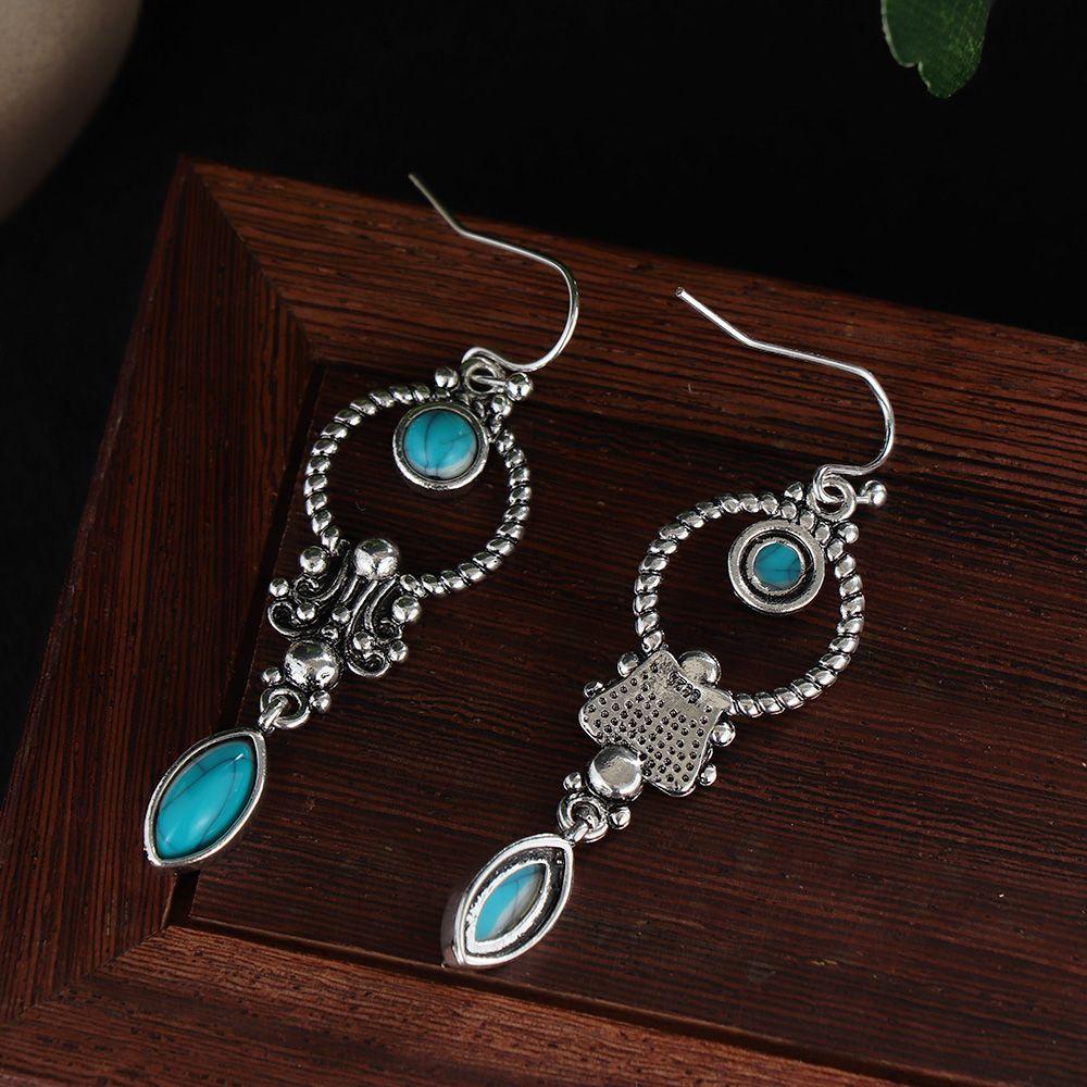 Свадебные Серьги-подвески с крючком Подарок Натуральный камень Кулон Бирюза Драгоценный камень Ретро Тайское серебро