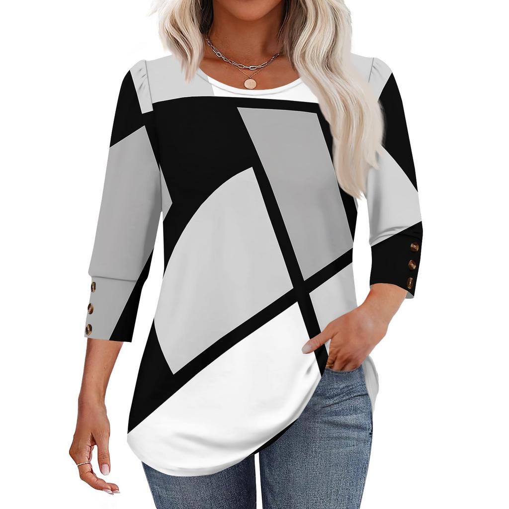 Женская модная повседневная футболка с цветными блоками, сшивная, с принтом, с круглым вырезом, с рукавами семь восьмых