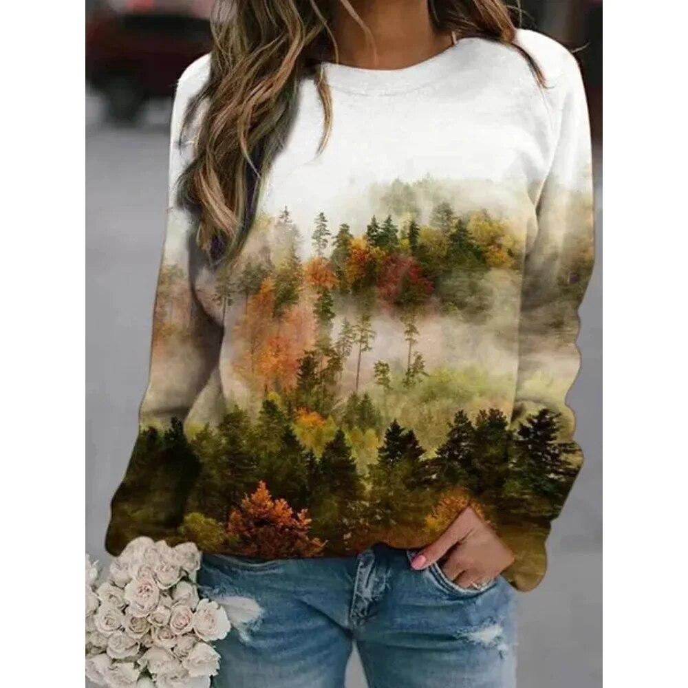 Женская модная футболка с длинным рукавом, повседневная толстовка с принтом, пуловер с круглым вырезом, художественные картины, горный лес, топы и футболки