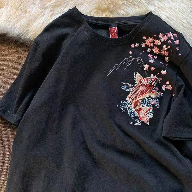 Весенне-летняя национальная приливная хлопковая футболка в китайском стиле с вышивкой карпа и короткими рукавами, свободная мужская и женская пара, большой размер-300 кошачьих