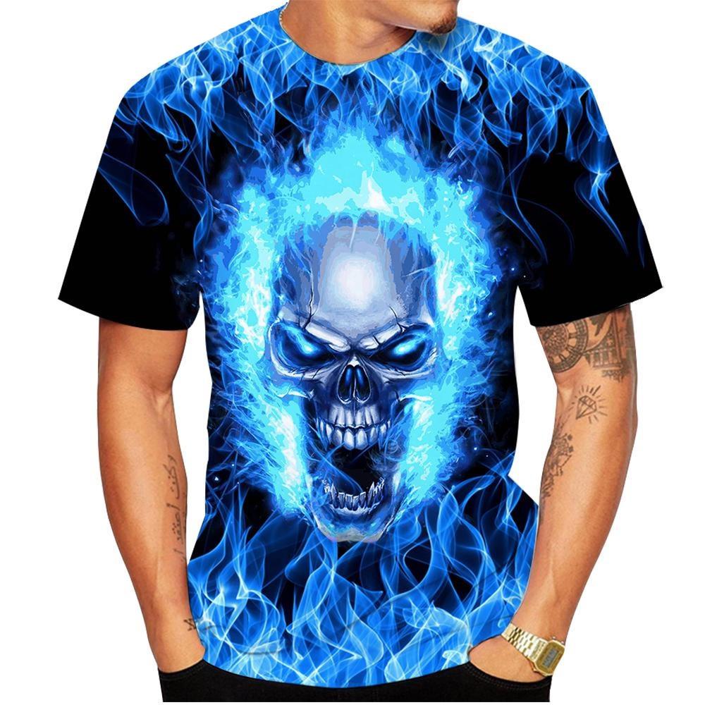 Fire Skull Pattern 3D Printed Men's Casual Hoodie Round Neck Short Sleeve T-shirts