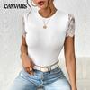 Summer Women's T-Shirt Short Sleeves Jumpsuit Slim Pitted Bodysuit Lace Splicing Top Back Hollowed Out Tie Tops