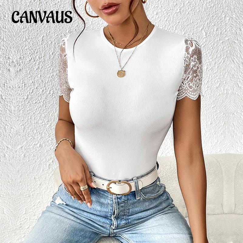 Summer Women's T-Shirt Short Sleeves Jumpsuit Slim Pitted Bodysuit Lace Splicing Top Back Hollowed Out Tie Tops