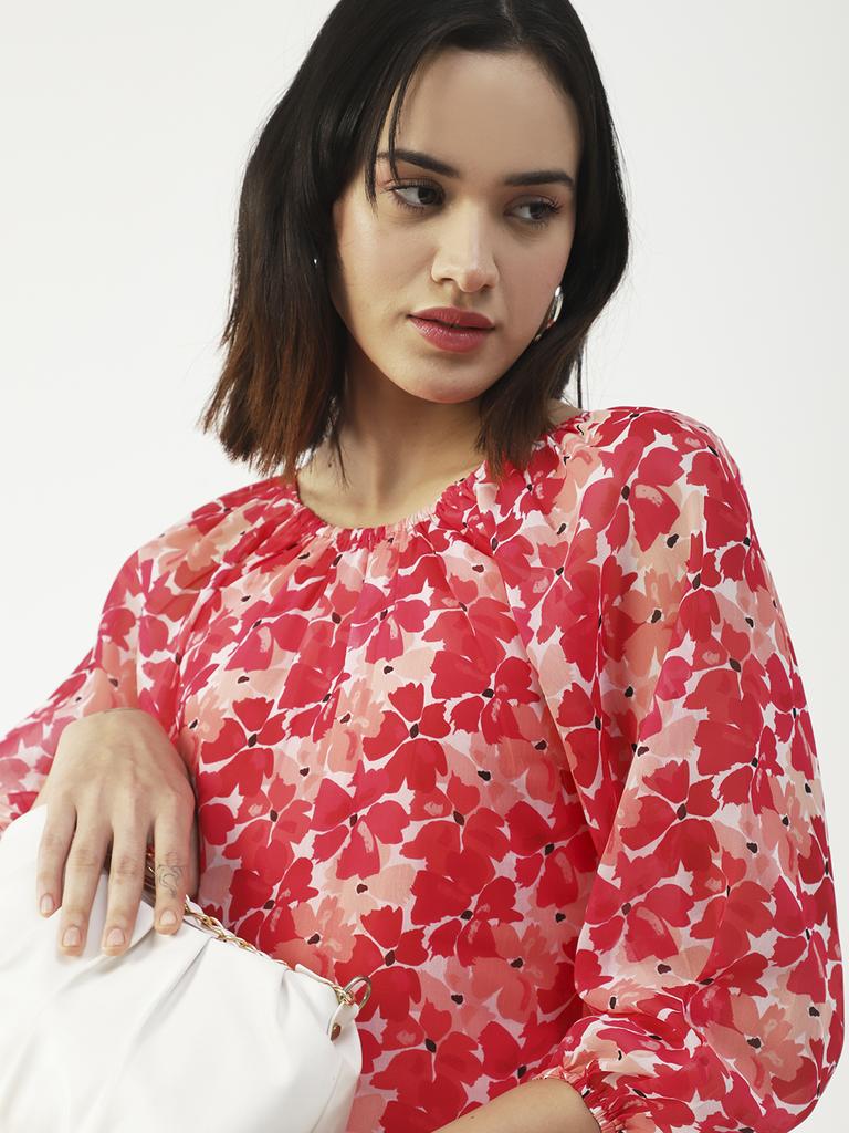 Moomaya Принтованный топ с круглым вырезом, прозрачный топ с длинным рукавом для женщин