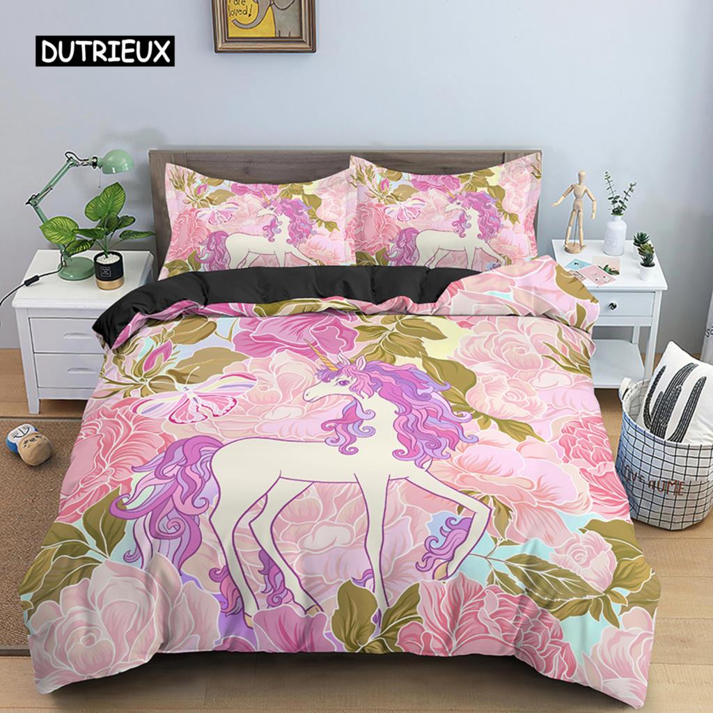 Пододеяльник с единорогом King Queen Комплект постельного белья с изображением животных из мультфильмов для детей и подростков, взрослых, милые белые волшебные существа, полиэстеровый пододеяльник