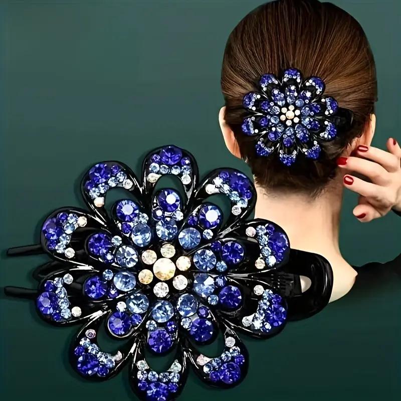 Flower Hair Clip Crystal Rhinestone- Fancy Ponytail Barrette Elegant Hair Clip for Women