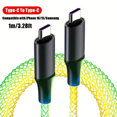Быстрозарядный RGB-кабель с дыханием Type-C/USB на Type-C для iPhone 16/15 Samsung S23 S22 Xiaomi 14 13Pro K60