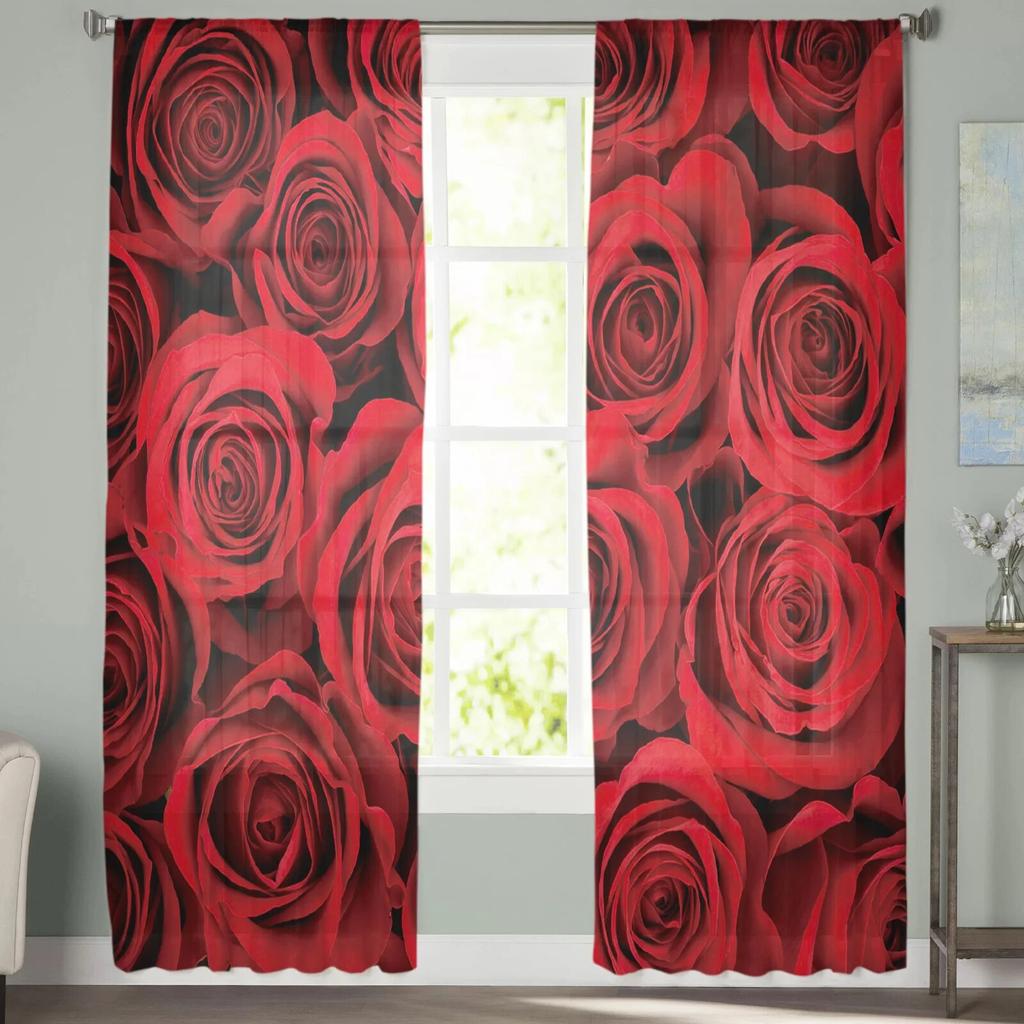 Red Rose Flower Tulle Curtains for Living Room Bedroom Modern Voile Curtain Kitchen Chiffon Sheer Curtains