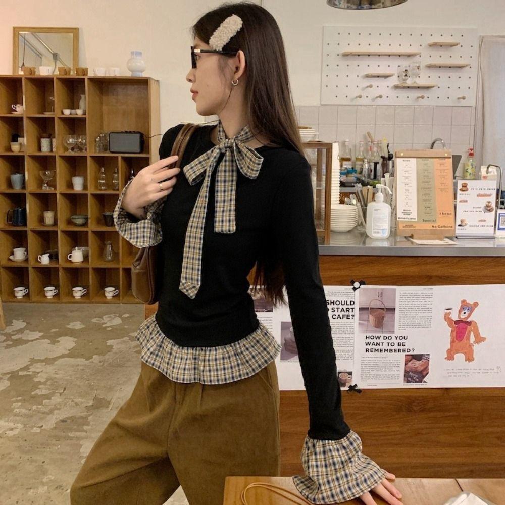 Милый топ с длинными рукавами и оборками из сетки, облегающий топ, модная футболка из двух частей, весна