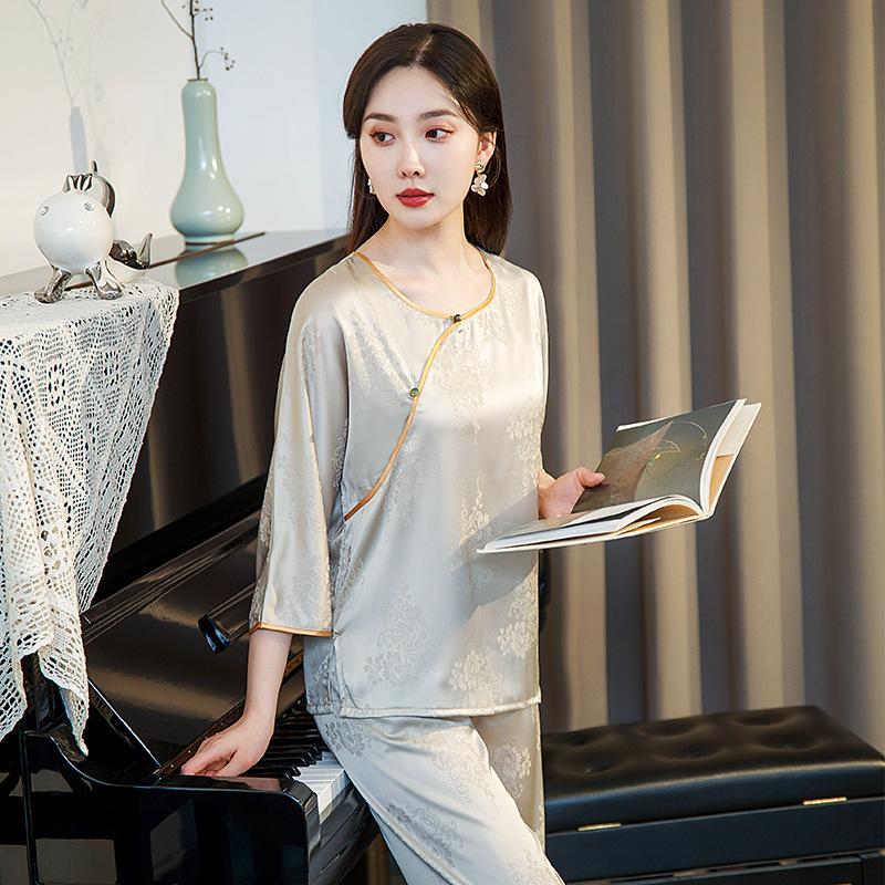 [Jinling] New ice silk pajamas women's summer Chinese style suit ice silk satin pullover jacquard home clothes