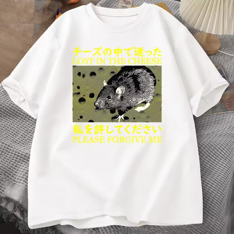Футболки в японском стиле Lost in The Cheese Rat Футболка унисекс из хлопка с коротким рукавом Одежда унисекс Футболки Уличная одежда больших размеров