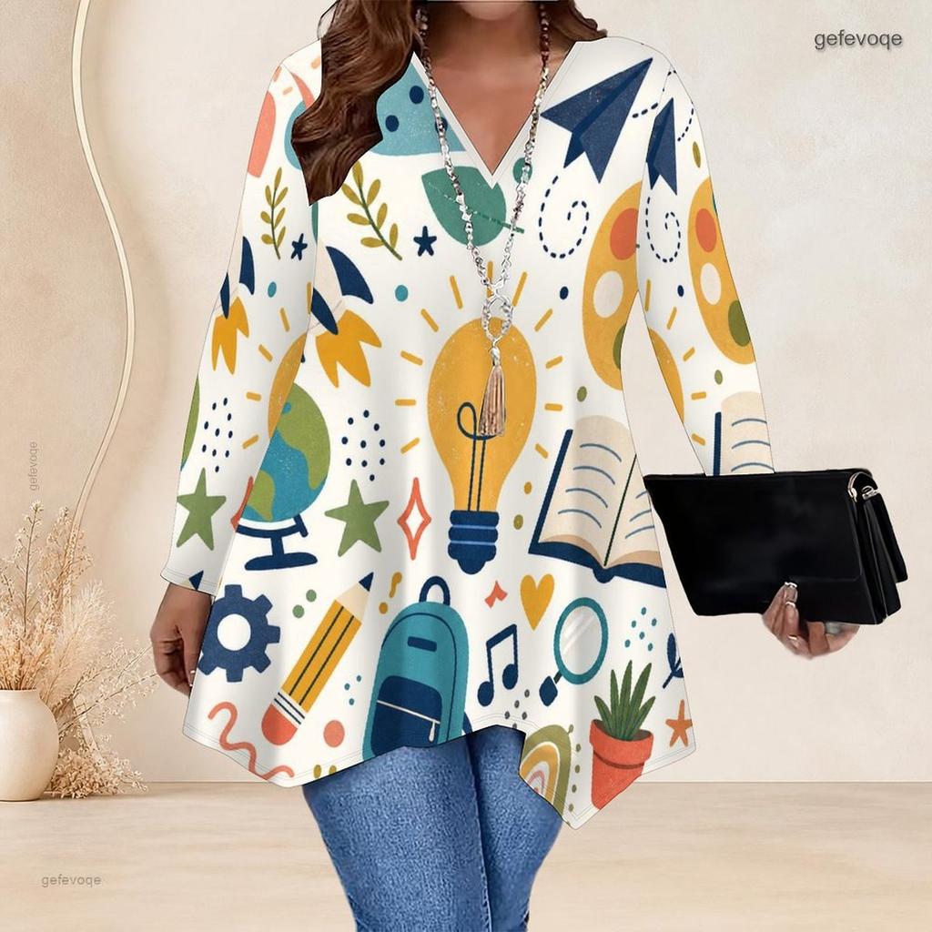 Plus Size Ladies V Neck Long Sleeve Loose Casual Top With Irregular Split Hem