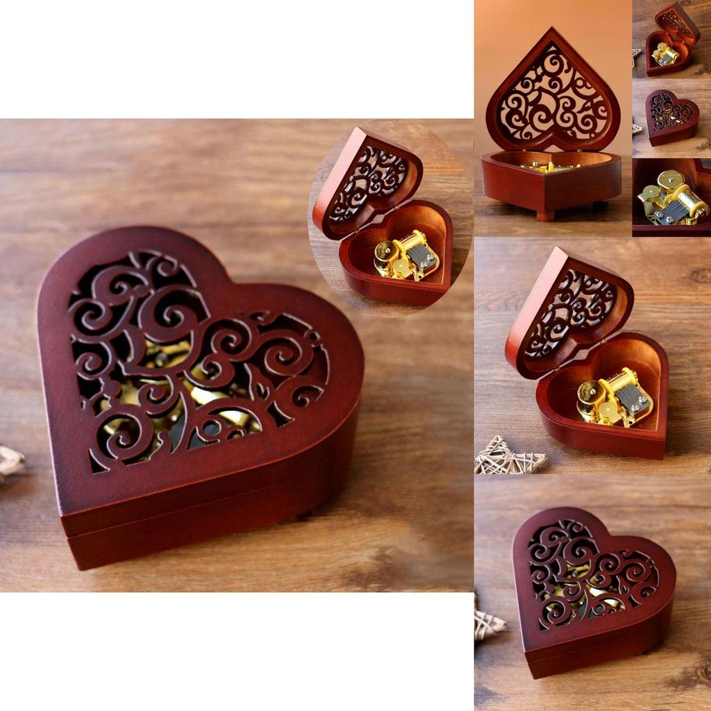 Очаровательная прямоугольная музыкальная шкатулка из дерева с резьбой в виде сердца, заводная, с мелодичными мелодиями