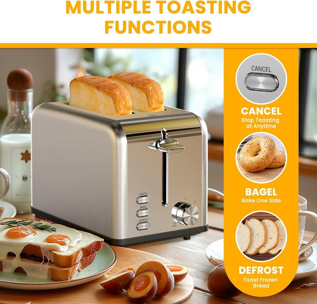 Toaster, 6 Browning Setting and 3 Function Stainless Steel Toaster, Extra Wide Slot & Removable Crumb Tray
