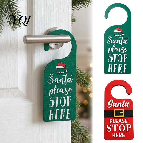 Christmas Door Hanger Decorations Handle Sign, Santa Please Stop Here Plastic Red Green Sign Festive Knob for Holiday Bedroom Decoration Cute