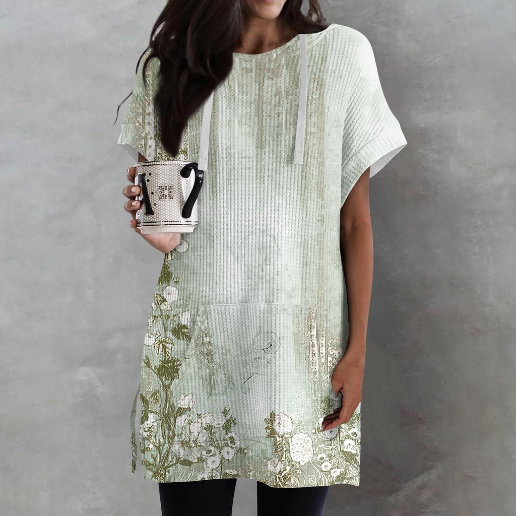 Женские свободные рубашки с принтом, толстовки с короткими рукавами и шнурком, вязаная туника с боковыми разрезами, топы с капюшоном и карманом