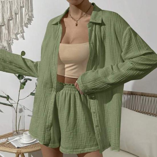2 шт./компл., женская рубашка, комплект с шортами, однотонная однобортная блузка с длинными рукавами и воротником с лацканами, высокая талия, свободная выше